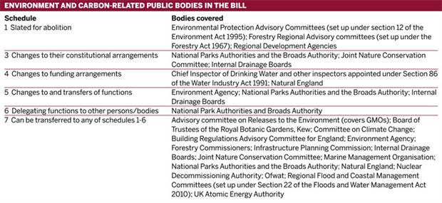 Table: Environment and carbon-related public bodies in the bill