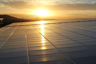 Solar panels at Worthy Farm, home of the Glastonbury Festival, currently one of the UK’s largest solar installations at 200 kilowatts peak capacity. Credit: Solarsense UK Ltd
