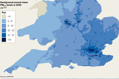 Backgroun annual mean PM2.5 levels in 2010