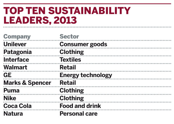Top ten sustainability leaders, 2013