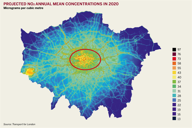 Figure: Projected NO2 annual mean concentrations in 2020