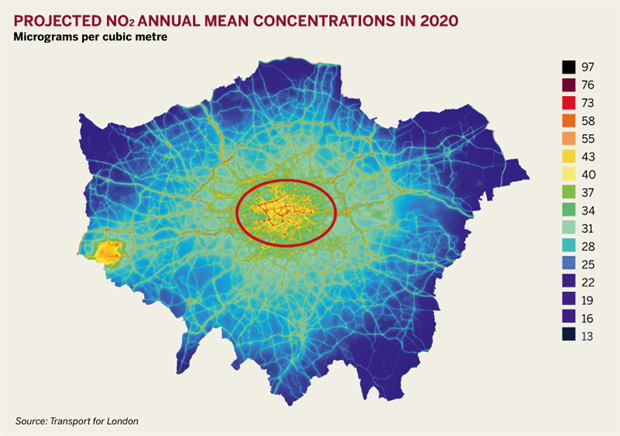 Figure: Projected NO2 annual mean concentrations in 2020
