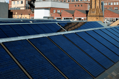 A 74kW solar array on roof of Cambridge University's engineering department (photograph: Viridian Solar)