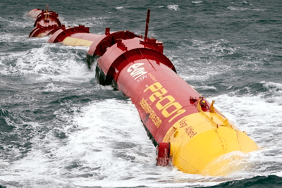 Pelamis's P2 wave energy device at a test site in the Orkneys (photograph: EMEC)