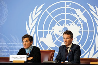 UN Framwork Convention on Climate Change executive secretary Christina Figueres briefs the press on the closing day of the Geneva conference (photograph: UN)