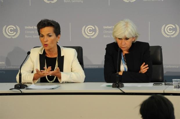 UN climate chief Figueres and French climate ambassador Tubiana pointed to progress at Bonn (photograph: UNFCCC)