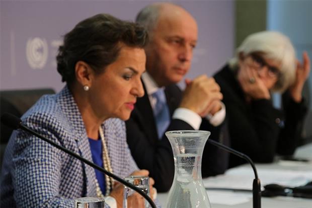 UN climate head Christiana Figueres and French foreign minister Laurent Fabius face an uphill battle ensuring delegates at the Paris summit have a workable negotiation text (photograph: UNFCCC)