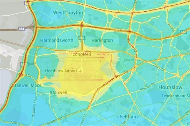 Heathrow Airport is a blackspot for nitrogen dioxide concentrations. Image: Kings College London