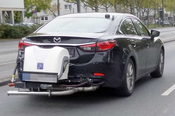 Portable emissions monitoring equipment, mounted here on a German Mazda, will be used to enforce pollutant emissions limits. Photograph: LSDSL CC BY-SA 3.0