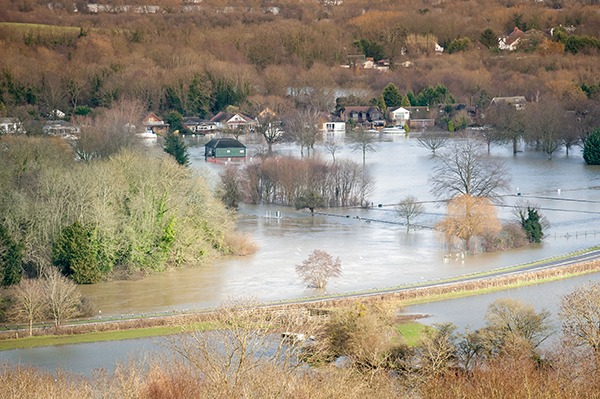 Flooded farmland and houses