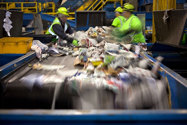 People sorting waste from conveyor at recycling facility. Photograph: Huguette Roe/123RF