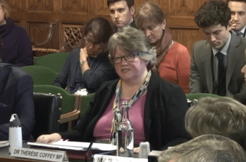 Thérèse Coffey in front of the Environmental Audit Committee
