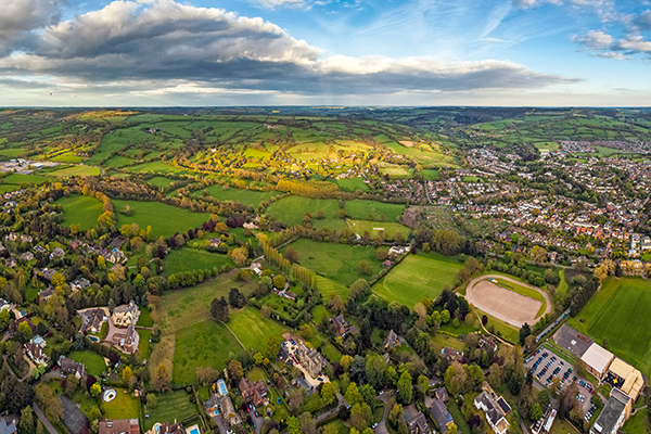 Aerial view of rural Cotswolds landscape