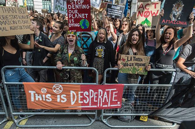 Extinction Rebellion activists protest against deforestation in Brazil. Green policies are set to play a big role in the general election following a surge in activism. Photograph: Guy Smallman/Getty Images