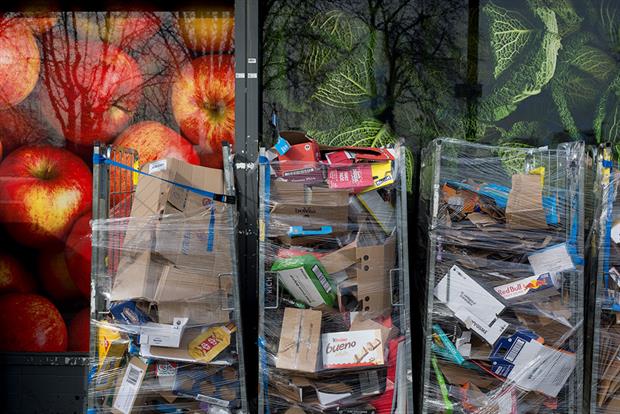 Packaging waste stacked outside a supermarket