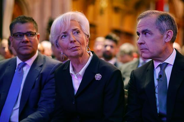 COP26 president Alok Sharma alongside ECB president Christine Lagarde and Bank of England governor Mark Carney. Photograph: WPA Pool/Getty Images