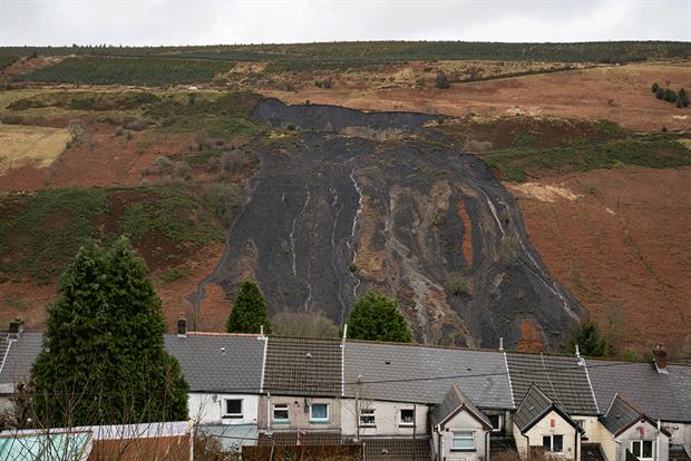 Tylorstown landslide, February 2018: part of the coal tip slid down into the village after heavy rainfall. Photograph: Matthew Horwood/Getty Images