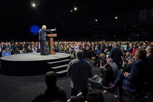 Rewilding is in and decarbonising electricity is out - Johnson delivers his speech to conference. Photograph: Ian Forsyth / Getty Images