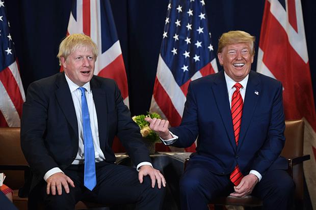 US president Donald Trump and British prime minister Boris Johnson hold a meeting at the UN headquarters in New York, September 2019. Image: SAUL LOEB/AFP via Getty Images
