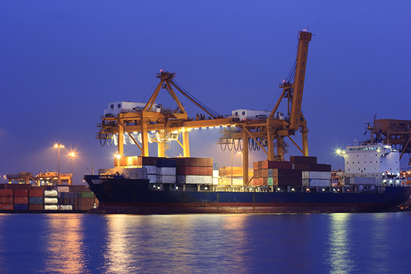 Container ship in loading bay