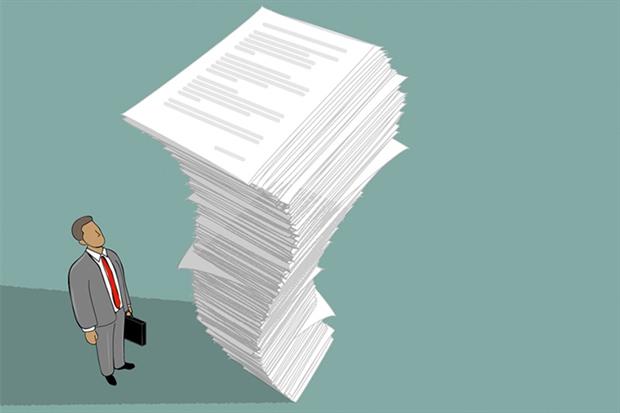 Illustration of man looking up at a tall pile of paper
