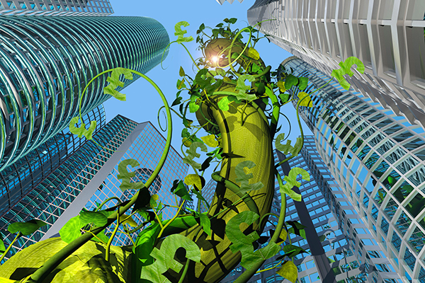 Illustration of money vines creeping up skyscrapers