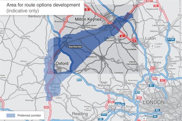 Map of Oxford to Cambridge express way – corridor B