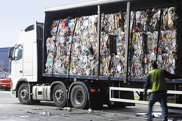 Bales of recycled paper on lorry