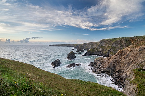 Sea landscape of Bedruthan Steps on Cornwall coastline, England