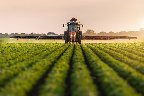 Tractor spraying a field