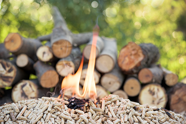 Wood pellets on fire