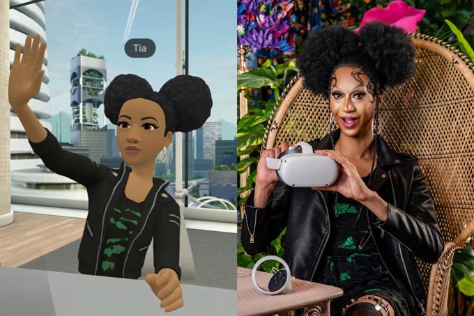 Tia Kofi as an avatar (left) and in real life with a VR headset (right)