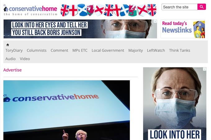 Conservative Home homepage carrying an ad for Labour saying: 'Look into her eyes and tell her you still back Boris Johnson'