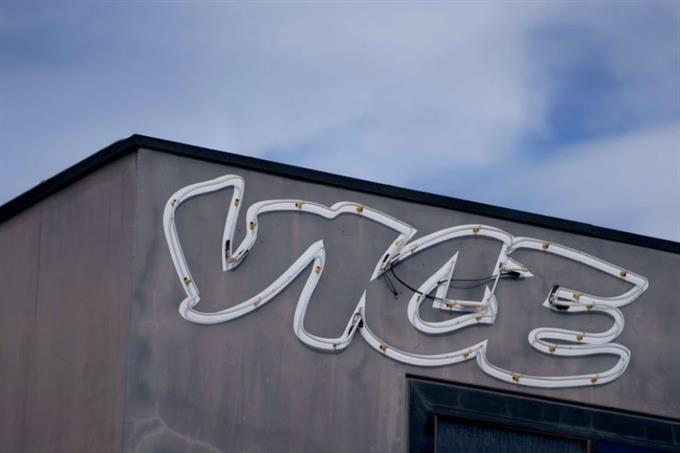Vice media logo on a distressed, industrial chic, perhaps brutalist style building