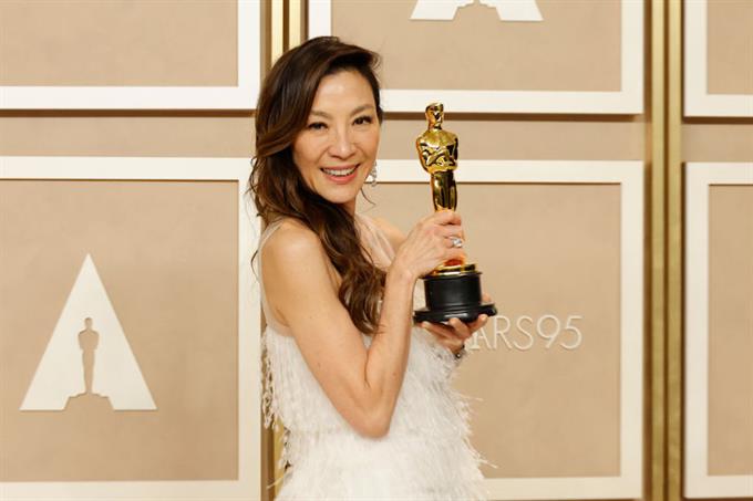 Michelle Yeoh, winner of the Best Actress in a Leading Role award for "Everything Everywhere All at Once," poses in the press room during the 95th Annual Academy Awards on March 12, 2023 in Hollywood, California