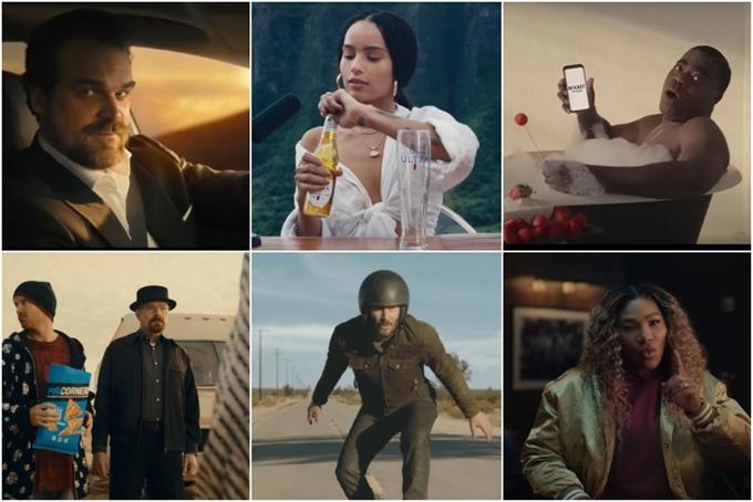 David Harbour for Tide, Zoe Kravitz for Michelob Ultra, Tracy Morgan for Rocket Mortgage, Aaron Paul and Bryan Cranston for PopCorners, Keanu Reeves for Squarespace and Serena Williams for Remy Martin.