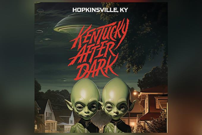 AI generated poster showing two aliens in a Kentucky neighborhood