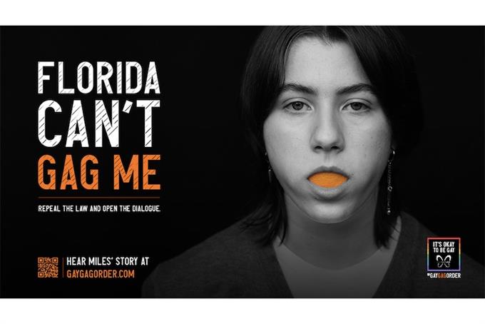 Ad showing teenager with a Florida orange covering their mouth representing censorship with the words "Florida can't gag me."