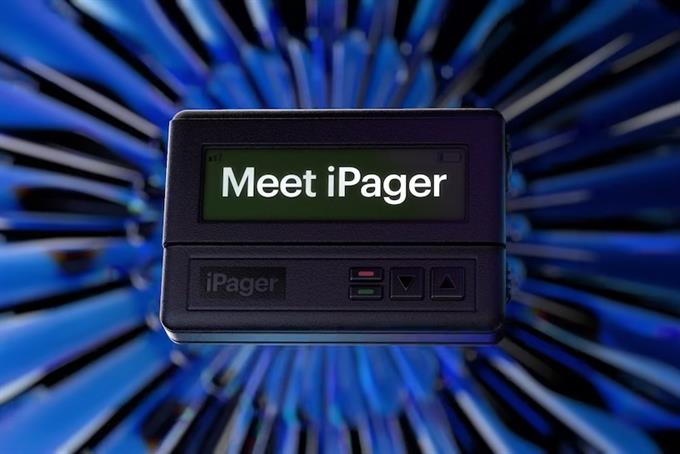 Pager device with screen displaying text "Meet iPager"