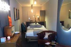 The hotel room is located in a shipping container