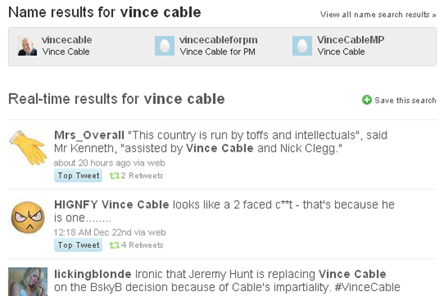 Twitter buzz: mentions of Vince Cable mainly negative