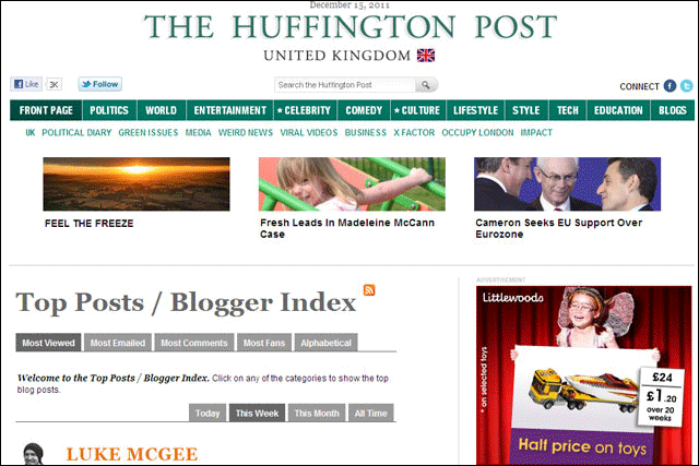 Huffington Post: set to introduce branded blogs to UK site