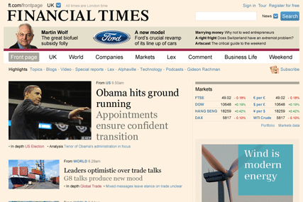 FT.com: relaunched with new pink homepage