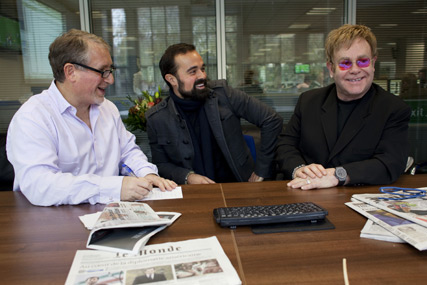 The Independent's editor-in-chief Simon Kelner, Evgeny Lebedev, chairman of Independent Print Limited, and singer Elton John, who guest-edited last Wednesday's paper