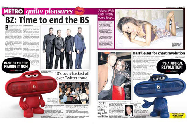 Metro newspaper: partners with Beats by Dre for the UK launch of Pills speakers
