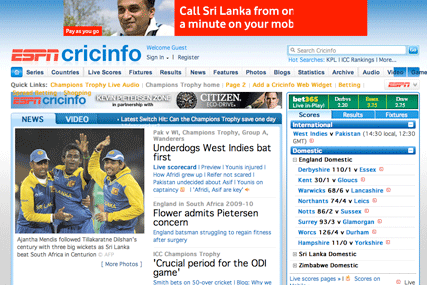 Cricinfo.com: updated site includes improved mobile search facility