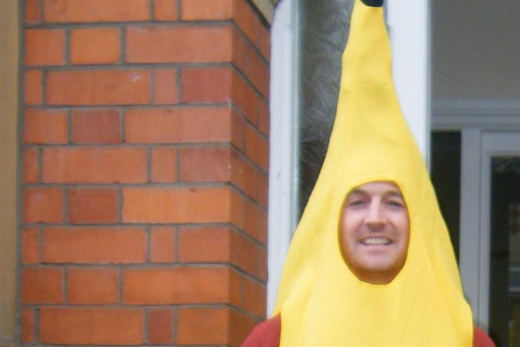 Charity appeal: Giles Dempsey slips on his banana skin for Red Nose Day