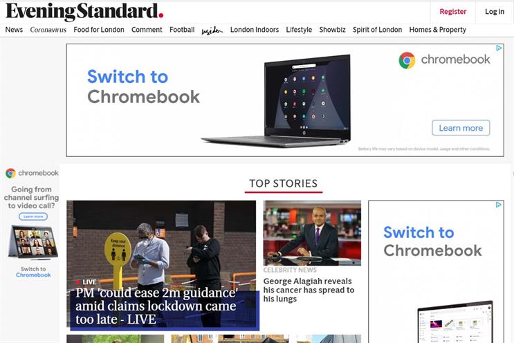 Evening Standard homepage, carrying ads for Google's Chromebook
