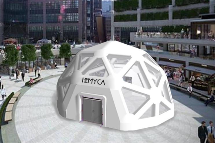 A computer-generated image (CGI) of Hemyca's pop-up store and installation at Broadgate Circle