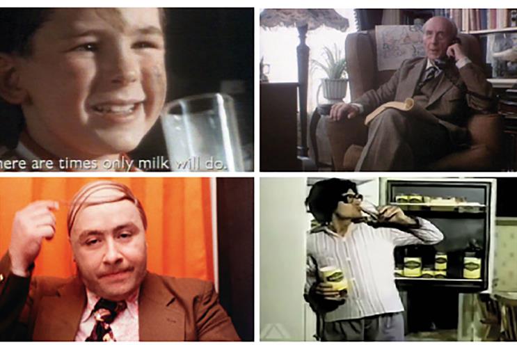 Classic ads (clockwise from top left): Milk Marketing Board, Yellow Pages, R White’s and Hamlet
